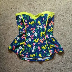 Navy Blue Floral Print Peplum Top